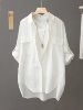 中长款纯棉白色衬衫女装，春夏季卷袖宽松设计感五分，袖上衣开衫