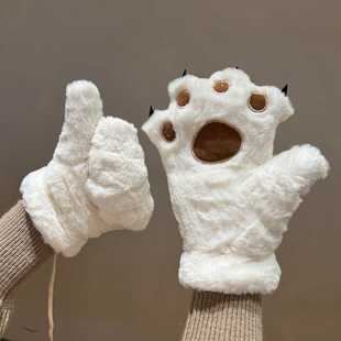 网红猫爪熊掌手套男女学生韩版冬季加绒加厚全指可爱毛绒防寒保暖