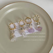 韩国东大门设计款天然紫色水晶石淡水珍珠耳环简约风少女耳钉