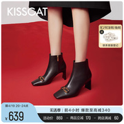 kisscat接吻猫2023冬季质感，高跟靴方头，真皮通勤加绒时装靴女