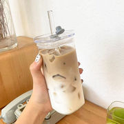 韩式方形玻璃水杯ins高颜值带盖透明简约平底加热杯子家用咖啡杯