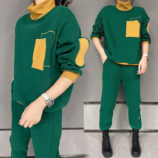 绿色时尚休闲卫衣套装女秋冬季2023高领撞色加绒加厚两件套潮
