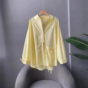 黄色系带收腰显瘦长袖衬衫