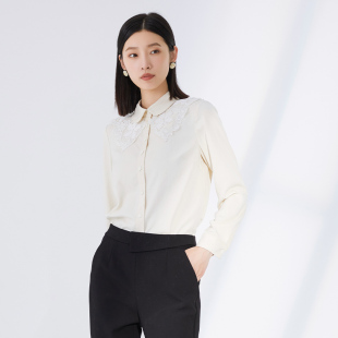 emoo杨门秋冬蕾丝，拼接米白色雪纺长袖，衬衫女打底衬衣
