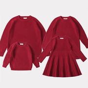 亲子装毛衣新年喜庆酒红色男童女童一家三四口针织连衣裙拍照摄影