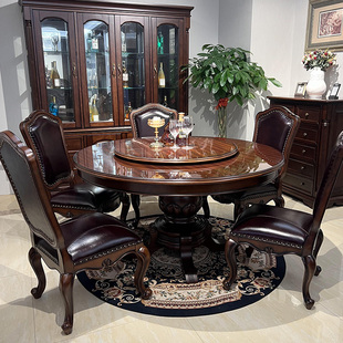 美式乡村实木餐桌椅组合家用欧式大餐桌，圆形转盘胡桃木吃饭桌子