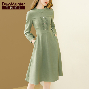 丹慕妮尔高端大牌绿色连衣裙女高级感春秋气质设计感收腰裙子