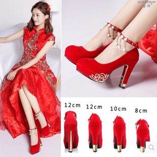 中式婚鞋女2022红色高跟鞋结婚鞋子，新娘鞋粗跟防水台气质红鞋