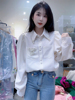 2022年韩国秋季珍珠娃娃领衬衫，女纯色宽松显瘦泡泡袖雪纺上衣