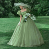 影楼主题服装情侣写真摄影礼服外景拍照绿色泡泡袖长拖尾婚纱