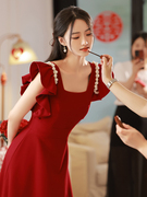 红色新娘礼服裙平时可穿法式小飞袖连衣裙，女夏轻奢小众高端晚礼服