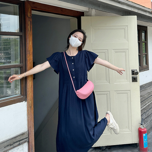 金苏一藏蓝色，连衣裙女2024夏季韩版宽松气质长裙