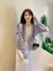 2024春季紫色镂空毛衣开衫套装女设计感白色拼接连衣裙两件套
