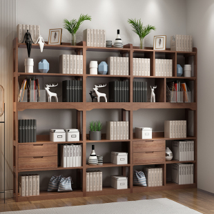 全实木书架现代简约多层置物架，中式书房学生白色，原木书桌书柜组合