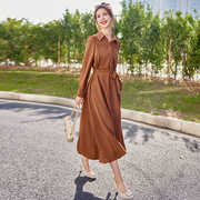 女式连衣裙洋气中腰纯色，长袖气质裙子韩版修身时尚翻领系带长裙