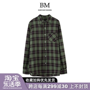 bmfashion情侣磨毛bm格子，衬衫女宽松长袖，古着外套单排扣防晒上衣