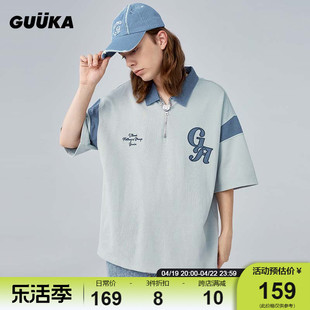 GUUKA淡蓝色重磅加厚短袖T恤男美式高街拼接撞色落肩POLO衫男宽松