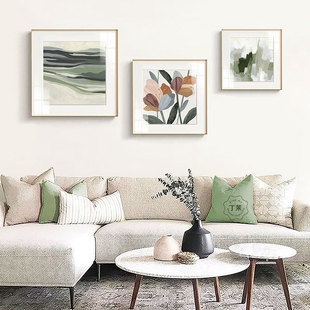 现代简约客厅装饰画北欧抽象沙发背景墙，挂画风景花卉绿色壁画方形