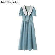 拉夏贝尔/La Chapelle时尚牛仔连衣裙夏季甜美娃娃领复古裙子
