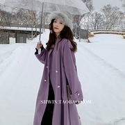 网红气质手缝手工双面羊毛大衣女紫色中长款双排扣双面羊绒大衣女