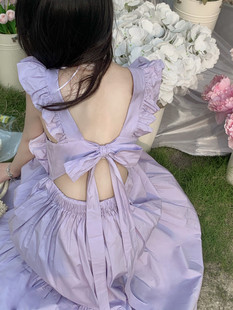 女夏季香芋紫小心机超仙浪漫显瘦露背连衣裙法式小众飞飞袖吊带裙