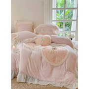 牛奶绒保暖加厚冬季少女床单被套立体床上用品玫瑰花心双面四件套