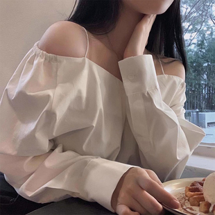 韩国chic春季气质百搭一字领露肩吊带宽松长袖纯色衬衫上衣女