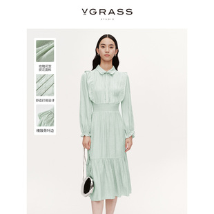 VGRASS玫瑰花型提花松紧收腰连衣裙24年春季清新绿精致荷叶边