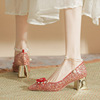 花朵高跟鞋女红色水晶婚鞋新娘，鞋2024春季一字带法式粗跟单鞋