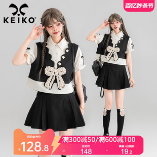 KEIKO 非正式学院假两件式短袖衬衫24夏季别致小众拼接泡泡袖上衣