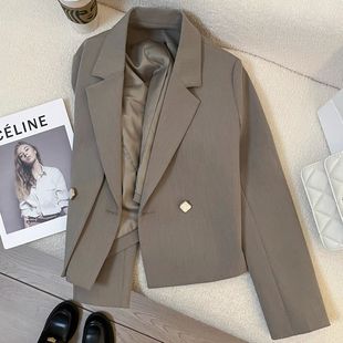 品牌外贸韩国东大门法国灰绿色短款西装外套女小个子2024春季