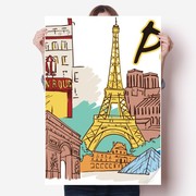 法国巴黎埃菲尔铁塔水彩画海报贴纸，80x55cm墙贴纸卧室家居装饰