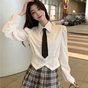 白色衬衫女长袖修身短款衬衣加领带韩版不规则下摆显瘦百搭衬衣潮