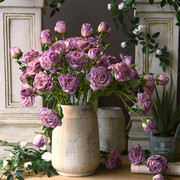 法式油画焦边仿真月季花玫瑰花，假花复古客厅餐桌花，装饰花插花紫色
