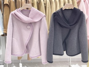 高端韩版双面大衣2023短款配围巾，可取宽松显瘦圆领小个子女外套