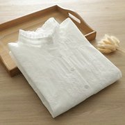 日系甜美长袖蕾丝花边衬衫，女重工艺刺绣立领，百搭气质白衬衣(白衬衣)柔软棉