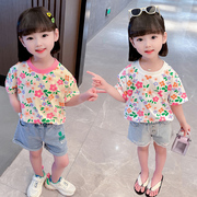女童纯棉t恤小女孩夏季碎花打底衫女宝中国风洋气上衣儿童可爱衫