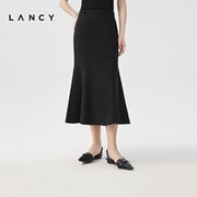 LANCY/朗姿2024夏季黑色醋酸鱼尾半身裙女高腰气质高级感裙子