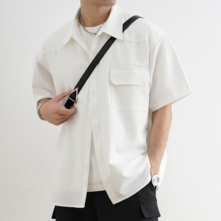 shijoin原创米白色短袖，工装衬衫tr混纺，翻领宽松落肩男上衣200128