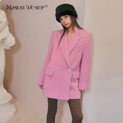 masionwester24女装玫红色，羊毛宽松版气质，双排扣西服外套上衣