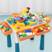 子玩带桌拼儿童装五孩拼具木益动搭岁粒大颗台四积脑合智适男的玩