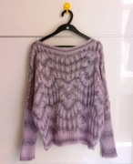 春装女装一字领淡紫色镂空编织蝙蝠袖毛衣针织衫