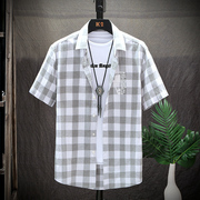 夏季黑白格子衬衫男短袖韩版潮流，帅气寸衣外套，工装衬衣纯棉格子衫
