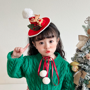 红色麋鹿圣诞帽子蝴蝶结丝带，毛球礼帽星星边夹帽儿童圣诞节头饰