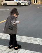 2023冬季韩版女童时髦毛毛马甲豹纹毛衣针织衫加绒阔腿裤儿童套装