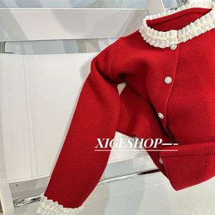 节日氛围感红色小香风毛衣女(毛，衣女)冬季法式珍珠木耳边温柔甜美针织开衫