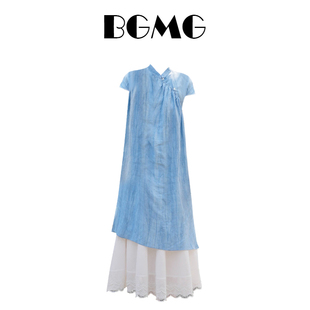 新中式国风蓝色连衣裙女2024夏季白色高腰，蕾丝蛋糕裙子两件套