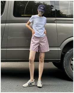 左手日记夏季高腰莱赛尔，棉粉紫色短裤，女百搭显瘦简约休闲五分裤薄