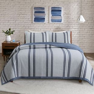 美式高档色织纯棉绗缝被床盖，三件套条纹印花双面，全棉两用夹棉床单