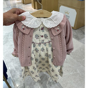韩国童装 23冬款女宝甜美粉色荷叶领可爱针织开衫 洋气毛衣外套N7